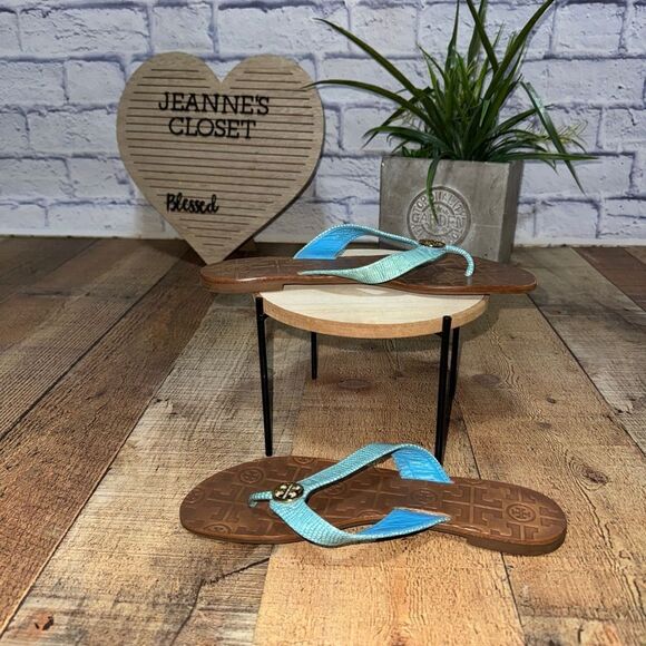 Tory Burch Blue Patent THORA Gold Logo Flip Flop Sandal US 7 M - Picture 5 of 14